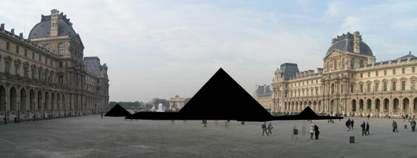 Cour du Louvre; pyramide de Peï cachée par un masque noir.
